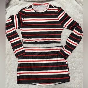 SHEIN Red, Black & White Striped Long Sleeve Crop Top & Mini Skirt Set